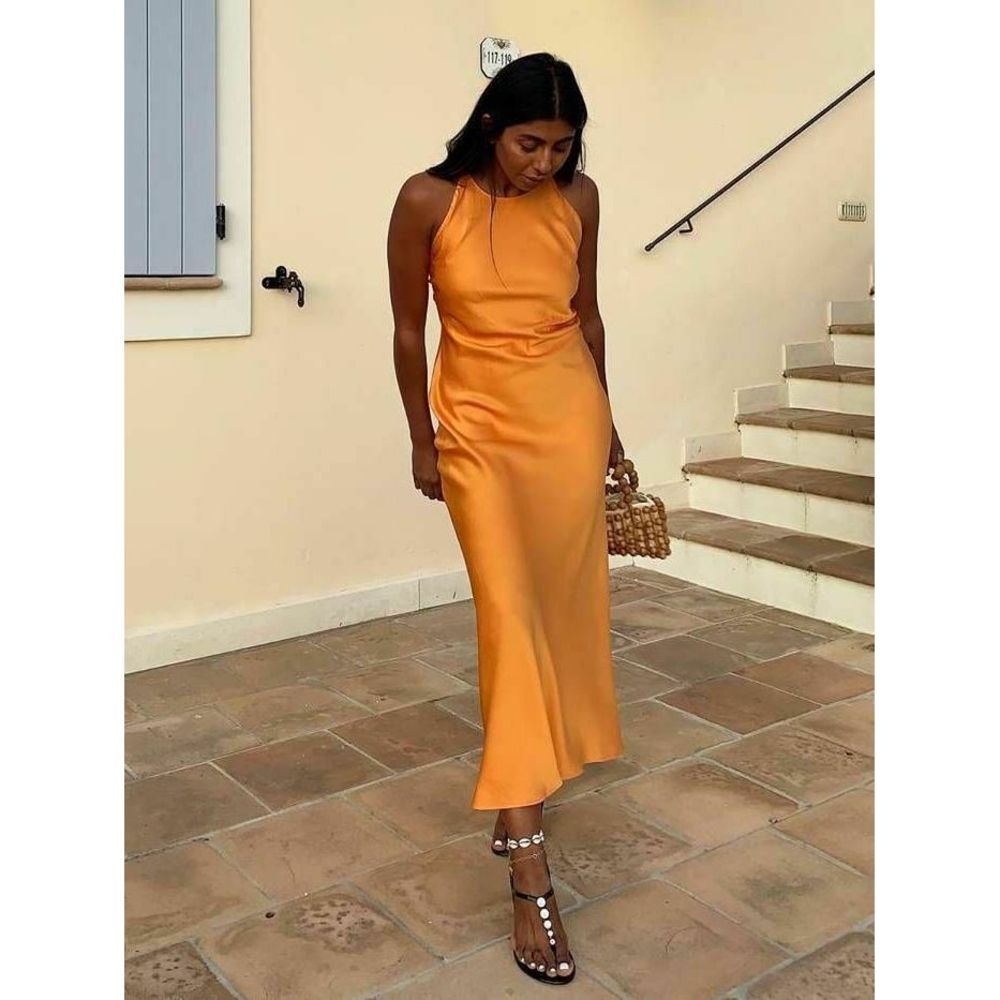 ZARA  LONG HALTER SATIN DRESS TANGERINE